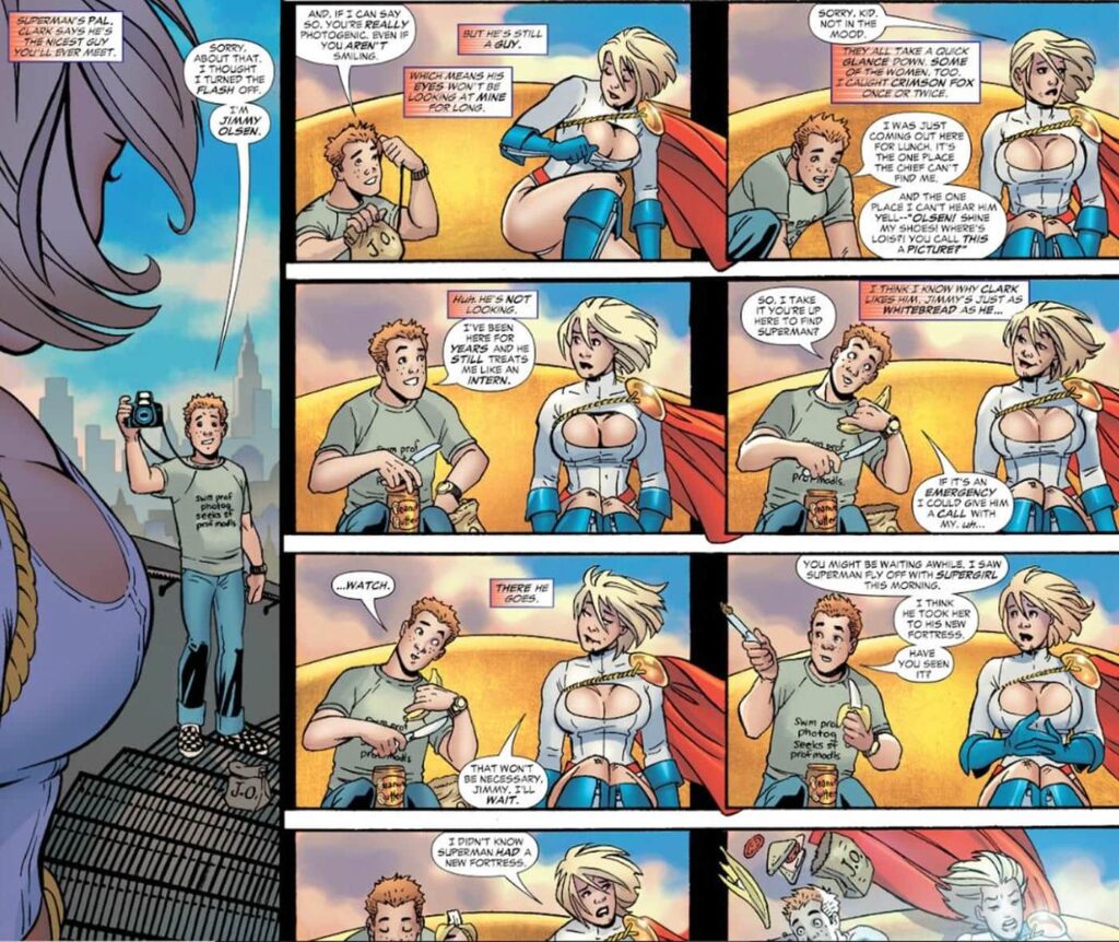 JImmy Olsen stares Power Girl boobs